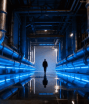 男子行走在工业管道通道内208#横屏 