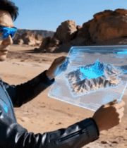 男子在荒漠操作虚拟屏幕4233#横屏 