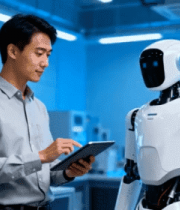 男子实验室操作平板与机器人互动4299#横屏 