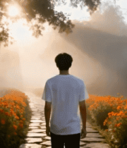 男子漫步阳光花丛小径1522#横屏 