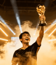 男运动员高举足球奖杯1975#横屏 