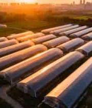  航拍夕阳下的蔬菜大棚群2786#横屏 	 -