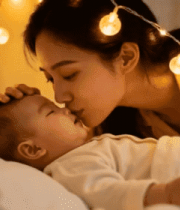 母亲亲吻床上婴儿温馨场景1033#横屏 