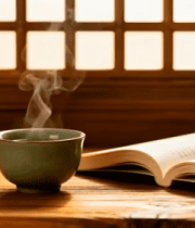 木桌茶杯与翻开的书籍3430#横屏 