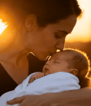 母亲怀抱婴儿夕阳下画面297#横屏 