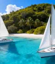  海上双帆船近海岛航行景象1614#横屏 	 