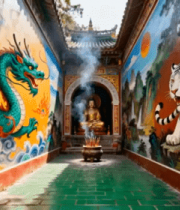 庙宇内龙与虎壁画及佛像景观2329#横屏 