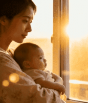 母亲窗边怀抱婴儿温馨画面2846#横屏 