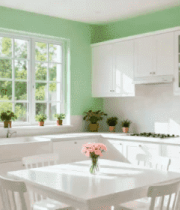 绿色墙面白色橱柜的厨房2909#横屏 