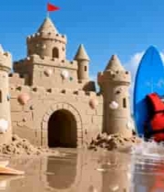  海滩边的精美沙堡与冲浪装备1785#横屏 	 