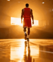 篮球运动员在室内球场逆光行走4835#横屏 
