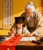 老人教小女孩写毛笔对联690#横屏 