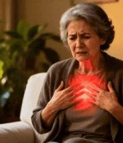 老年女性在家中捂着胸口5313#横屏 
