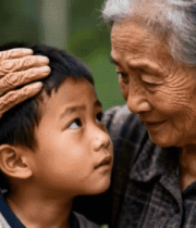 老人轻抚男孩头部亲情画面731#横屏 