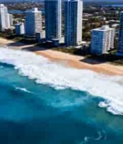  海滨城市高楼与海浪俯瞰1698#横屏 	 