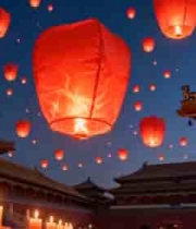  古建筑上空放飞孔明灯素材712#横屏 	 