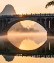  桂林山水间的桥梁晨景1630#横屏 	 