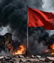  废墟上飘扬的红色旗帜914#横屏 	 