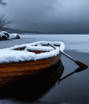 积雪木船停靠冰冻湖面1939#横屏 