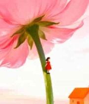  粉色花朵旁站立的红衣小女孩1081#横屏 	 