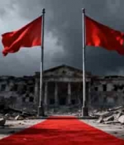  废墟前飘扬的红旗与红地毯1579#横屏 	 