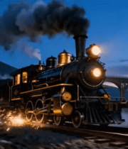 黄昏下行驶的蒸汽火车3440#横屏 