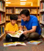  父子图书馆内一起阅读2646#横屏 	 