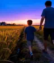  父子田野间漫步夕阳下567#横屏 	 