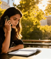 户外女性打电话记笔记素材4014#横屏 