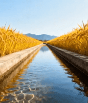金黄稻田中的水渠景观632#横屏 