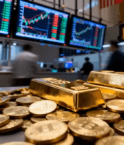 金块硬币与金融交易屏幕画面4663#横屏 