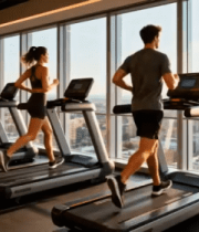 健身房内人们跑步机上跑步3953#横屏 