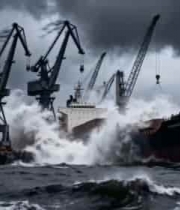  港口货轮遇风浪场景2229#横屏 	 