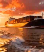  港口集装箱货轮日落景象1936#横屏 	 