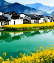 徽派建筑旁油菜花海湖景2305#横屏 