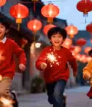  儿童手持烟花在灯笼下奔跑2287#横屏 	 
