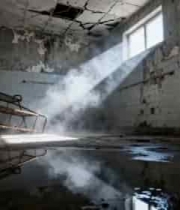  废弃房间内破旧铁架与光影1437#横屏 	 