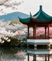 湖畔古风亭樱花绽放美景127#横屏 