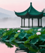 湖畔荷花与中式凉亭景观643#横屏 