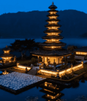 湖畔古建筑夜景5514#横屏 