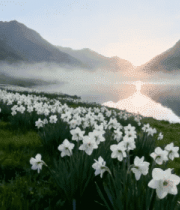 湖畔盛开的白色水仙花风景168#横屏 