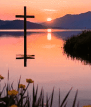 湖畔日落十字架风景1223#横屏 