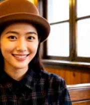  戴帽女子微笑素材355#横屏 	 