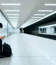  地铁候车男子低头看手机画面2096#横屏 	 