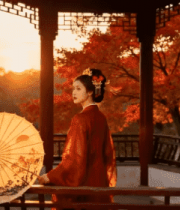 红衣古装女子持伞于亭中1546#横屏 