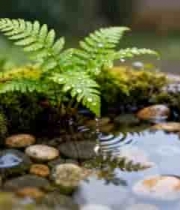  带水珠蕨类植物与流水景观2466#横屏 	 