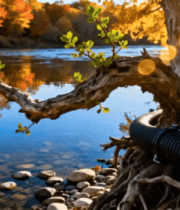 河畔枯树与新生枝叶风景195#横屏 