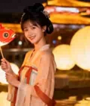  持鱼形灯笼的汉服女子夜景814#横屏 	 