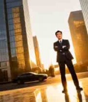  城市中商务人士站立于高楼前1120#横屏 	 