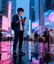  城市夜景中男子低头看手机408#横屏 	 - 